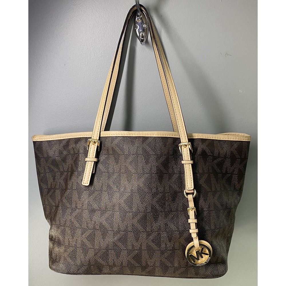 Michael Kors Signature Jet Set Brown/Tan Tote Shoulder Purse MK Logo 8.5x12x5.5"